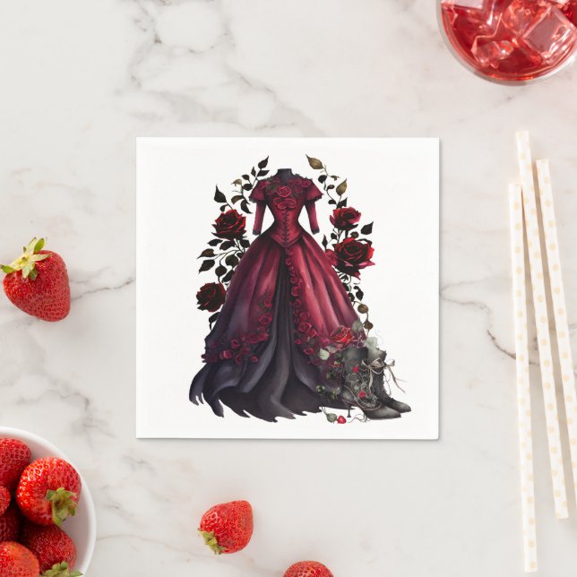 Victorian Red Dress and Heels | Antique Roses Gown Napkin (Insitu)