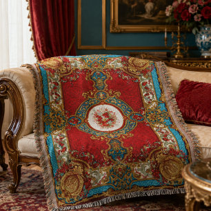 Victorian Red Gold Blue Ornate Floral Accent Throw Blanket