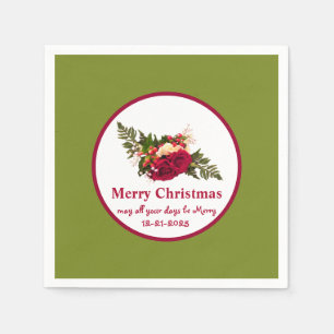  Victorian Red Rose Gren Merry Christmas design Napkin