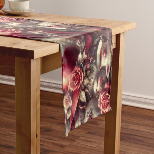 Victorian Red Rose Teapot Pattern  Short Table Runner (In Situ)