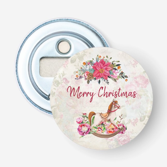 Victorian Rocking Horse & Poinsettia Christmas Bottle Opener (Front)