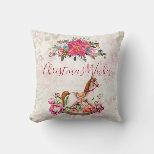 Victorian Rocking Horse & Poinsettia Christmas Cushion (Front)
