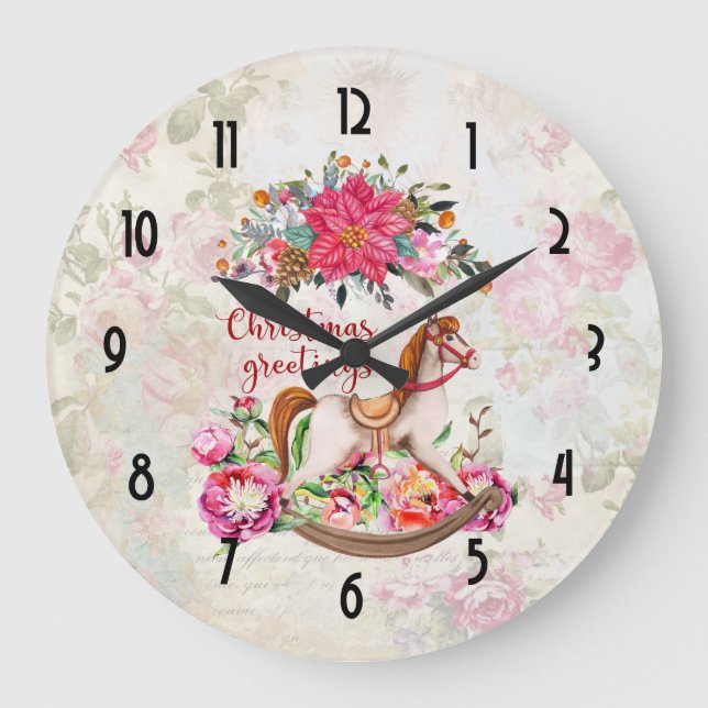 Victorian Rocking Horse & Poinsettia Christmas Large Clock (Front)