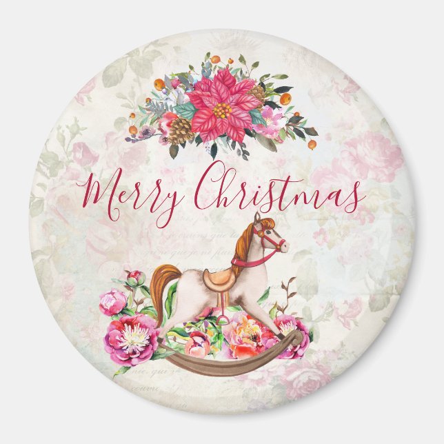Victorian Rocking Horse & Poinsettia Christmas Magnet (Front)
