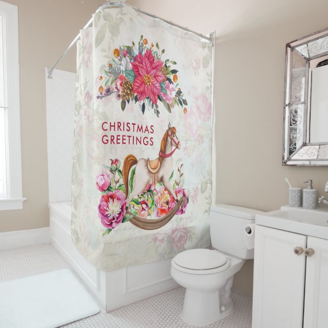 Victorian Rocking Horse & Poinsettia Christmas Shower Curtain (In Situ)