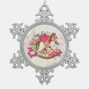Victorian Rocking Horse & Poinsettia Christmas Snowflake Pewter Christmas Ornament
