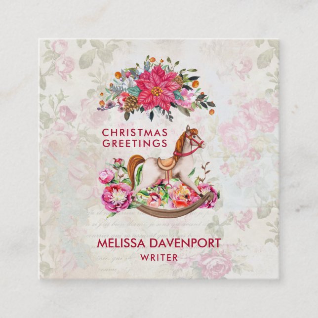 Victorian Rocking Horse & Poinsettia Christmas Square Business Card (Front)