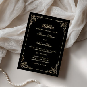 Victorian Rococo Frame Gold Black Muslim Wedding Invitation