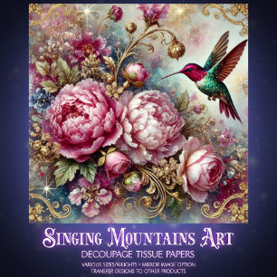 Victorian Romance Pink Rose Hummingbird Decoupage Tissue Paper