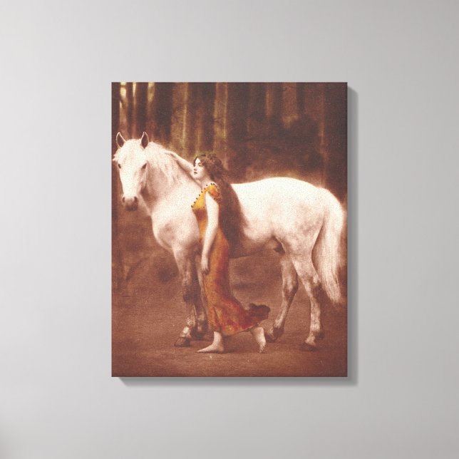 Victorian Romantic Girl with White Stallion Horse Canvas Print (Front)