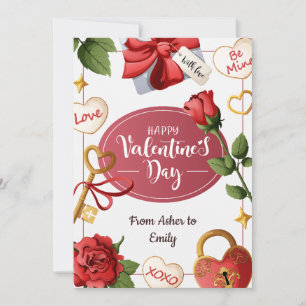 Victorian Romantic Red Rose Heart Lock & Key Frame Holiday Card