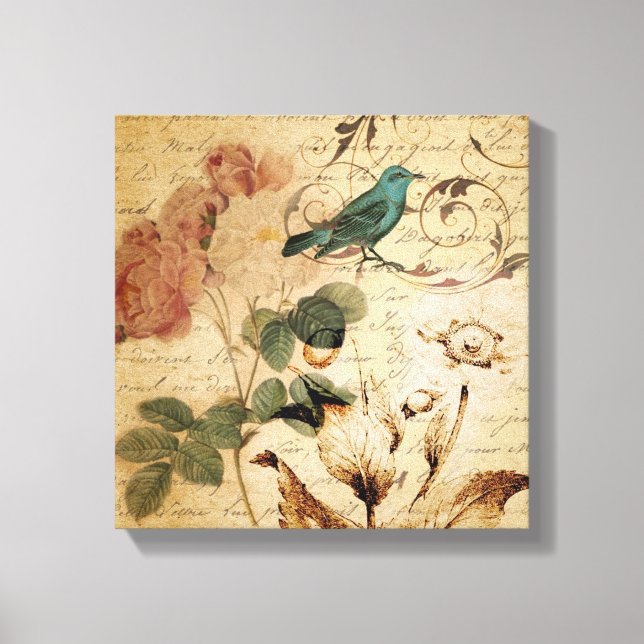 victorian rose bird Paris French Botanical Canvas Print (Front)