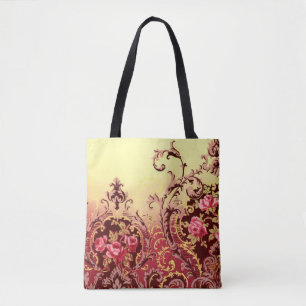Victorian rose elegant floral vintage red gold tote bag