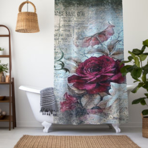 Victorian Rose Ephemera Newspaper Print Shower Curtain