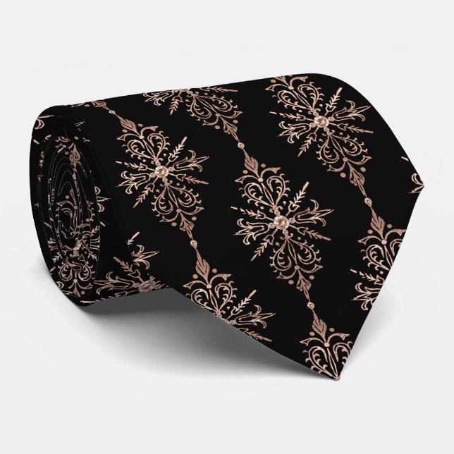 Victorian rose gold black pattern Wedding neck tie (Rolled)