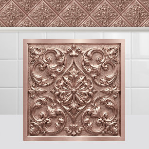 Victorian Rose Gold Pink Embossed Filigree Antique Tile