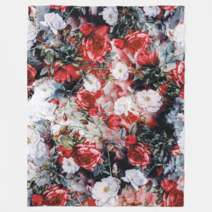 Victorian Roses Floral red white black Fleece Blanket