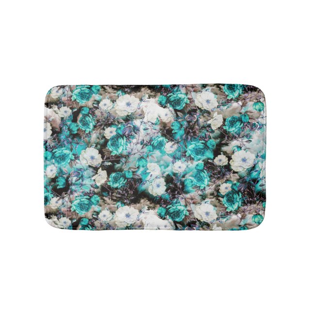 Victorian Roses Floral turquoise teal white black Bath Mat (Front)