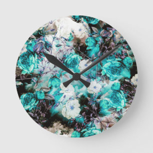 Victorian Roses Floral turquoise teal white black Round Clock