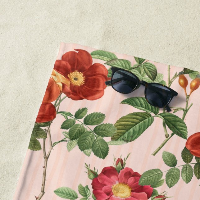 Victorian Roses Pink Stripe Background Beach Towel (In Situ)