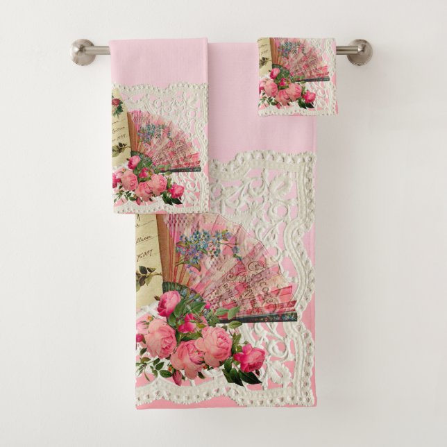 Victorian Roses, Postcard And Antique Fan Bath Towel Set (Insitu)
