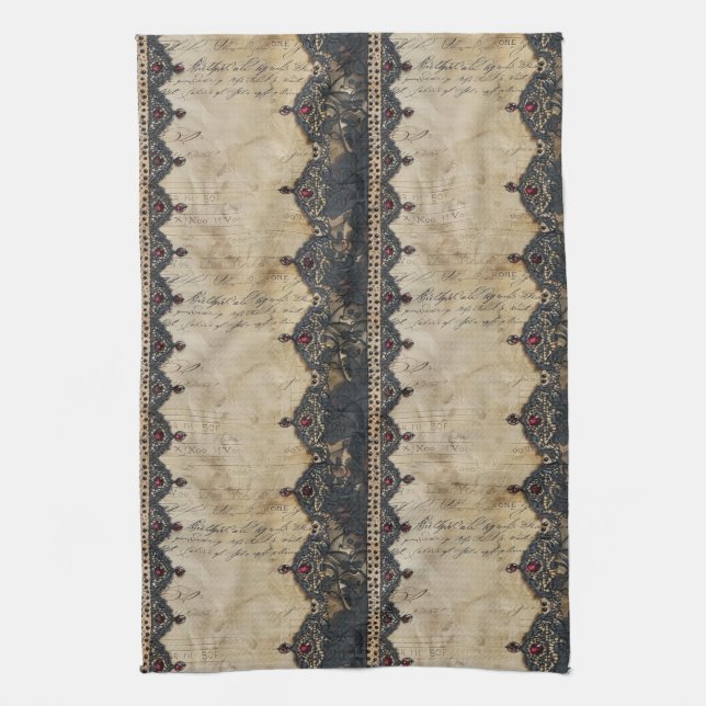 Victorian Ruby Lace Gothic Pattern (4) Tea Towel (Vertical)