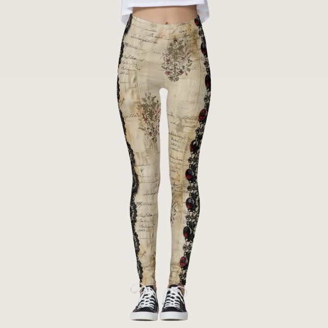 Victorian Ruby Lace Gothic Pattern (5) Leggings (Front)