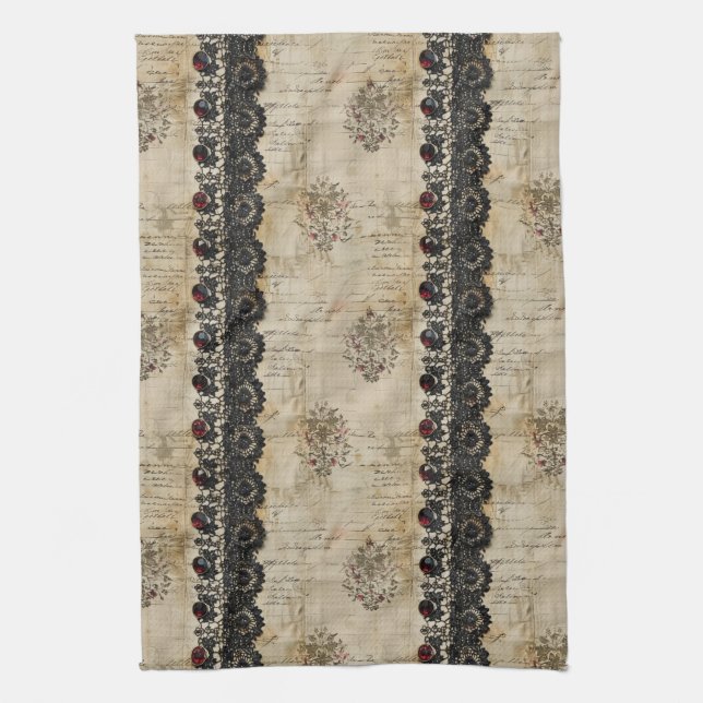 Victorian Ruby Lace Gothic Pattern (5) Tea Towel (Vertical)
