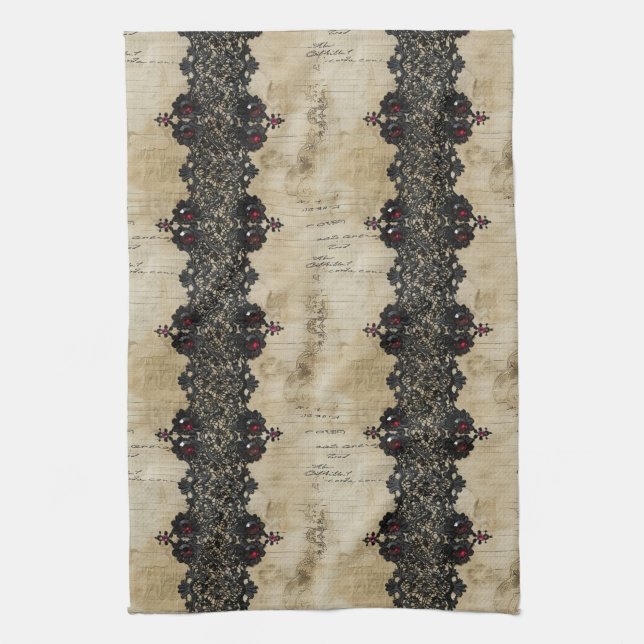 Victorian Ruby Lace Gothic Pattern (6) Tea Towel (Vertical)