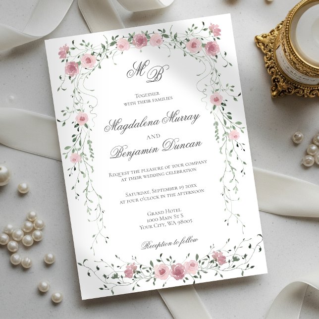 Victorian Sage Blush Pink Floral Vine Wedding Invitation (Creator Uploaded)