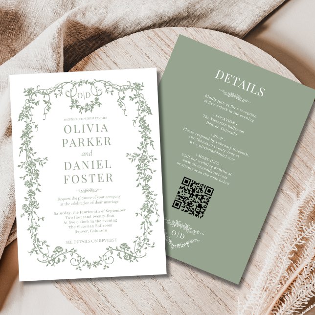 Victorian Sage Green All in One Wedding Monogram Invitation (Creator Uploaded)