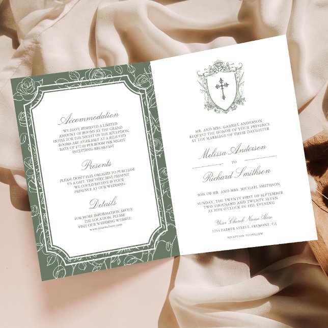 Victorian Sage Green Catholic QR Code Wedding Invitation (Creator Uploaded)