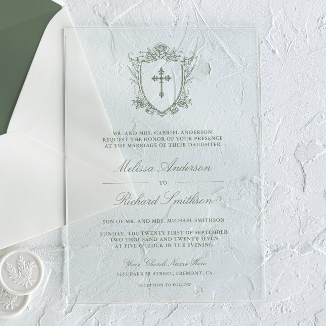 Victorian Sage Green Catholic Wedding Acrylic Invitations (Creator Uploaded)