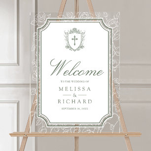 Victorian Sage Green Catholic Wedding Welcome Acrylic Sign