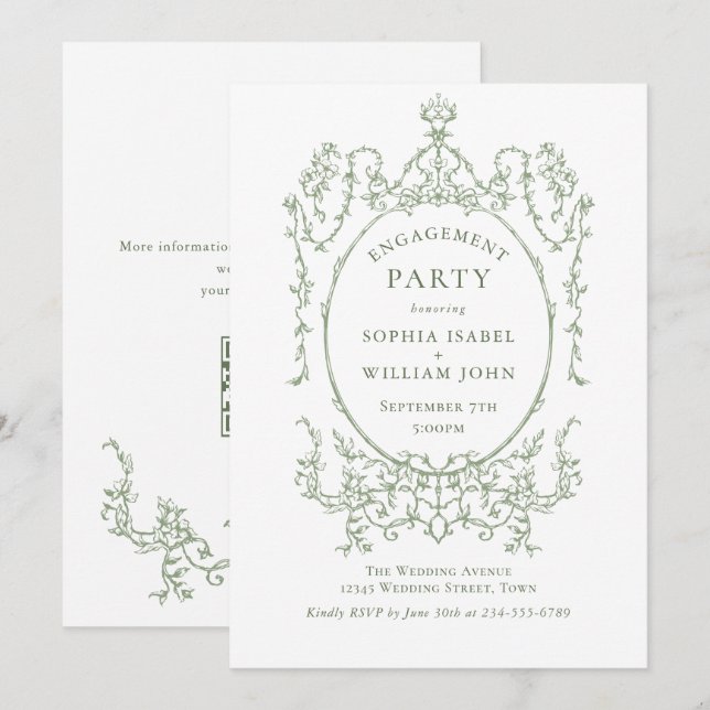 Victorian Sage Green ENGAGEMENT PARTY QR code Invitation (Front/Back)