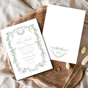 Victorian Sage Green Floral Wedding Monogram Invitation