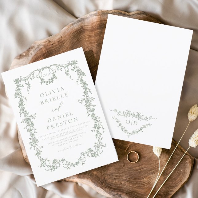 Victorian Sage Green Floral Wedding Monogram Invitation (Creator Uploaded)