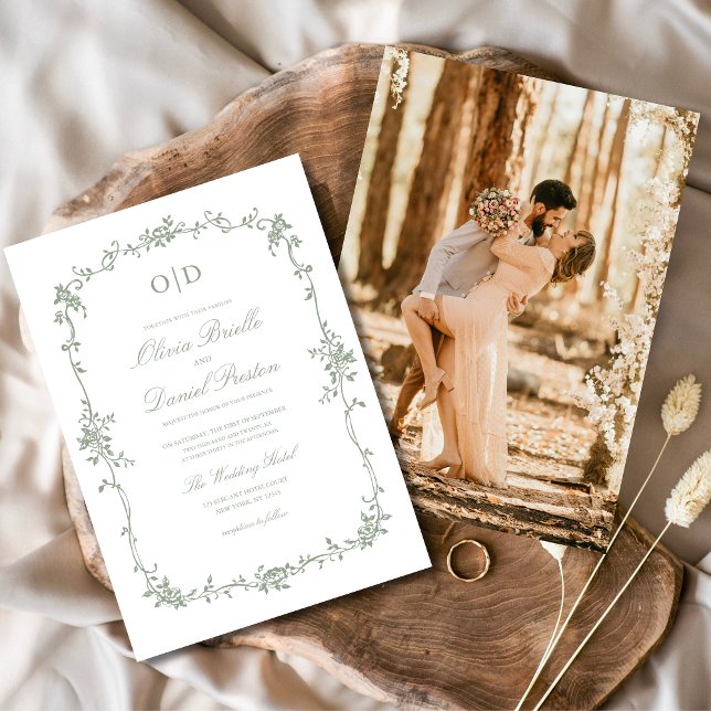 Victorian Sage Green Photo Monogram Wedding  Invitation (Creator Uploaded)