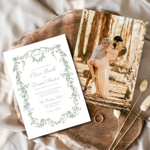 Victorian Sage Green Photo Monogram Wedding Invitation