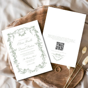 Victorian Sage Green QR Code Floral Wedding Invitation