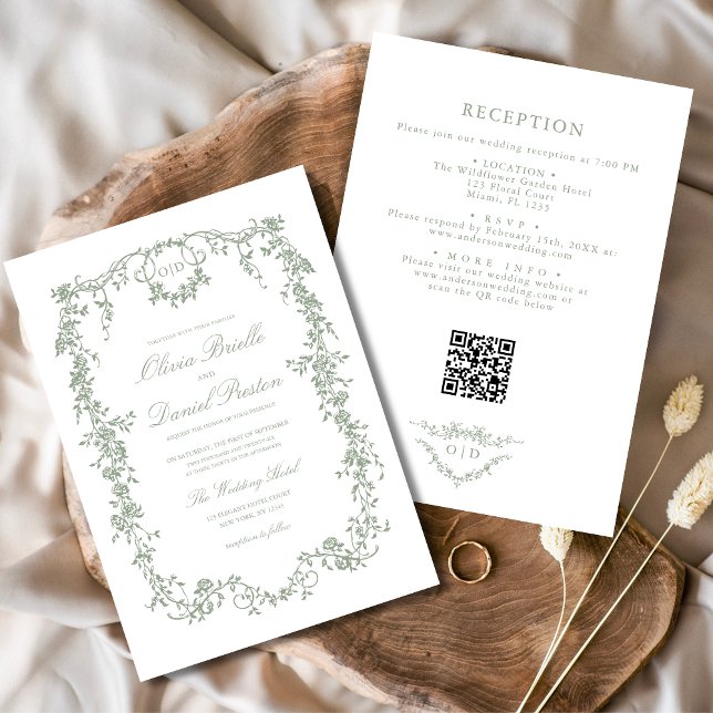 Victorian Sage Green QR Code Floral Wedding Invitation (Creator Uploaded)