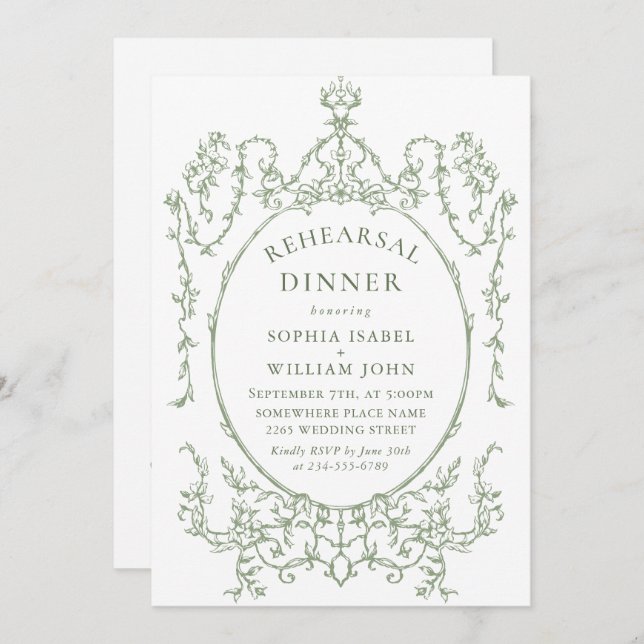 Victorian Sage Green Rehearsal Dinner QR code Invitation (Front/Back)