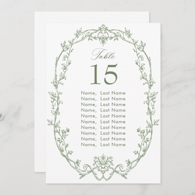 Victorian Sage Green Wedding Seating Chart Card (Front/Back)