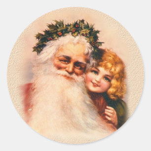 Victorian Santa and Girl Classic Round Sticker