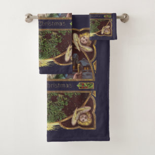 Victorian Santa Angels Blue Christmas Vintage Art Bath Towel Set