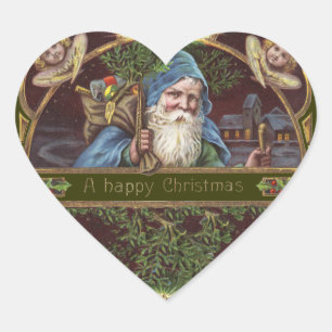 Victorian Santa Angels Blue Christmas Vintage Art Heart Sticker