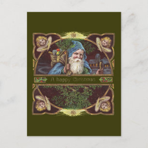 Victorian Santa Angels Blue Christmas Vintage Art Holiday Postcard