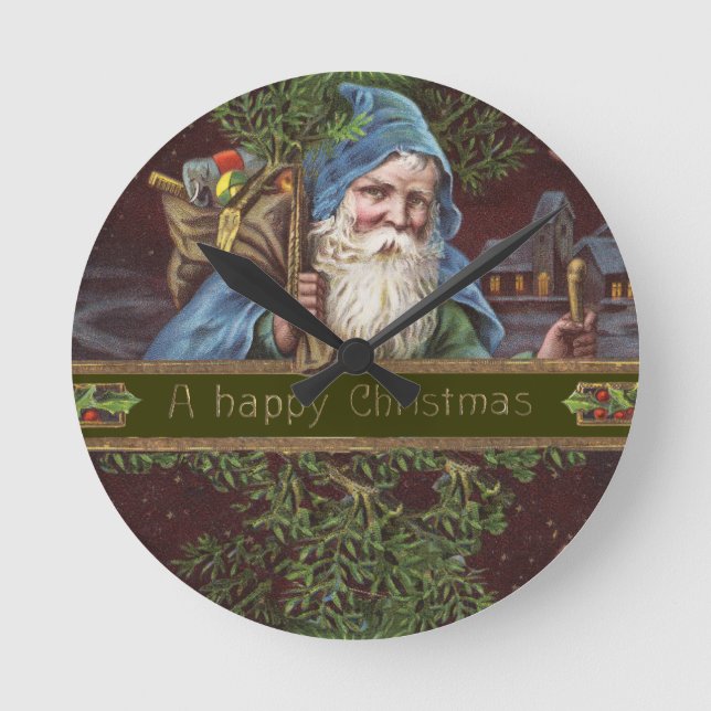 Victorian Santa Angels Blue Christmas Vintage Art Round Clock (Front)
