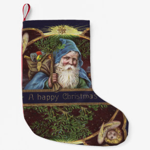 Victorian Santa Angels Blue Christmas Vintage Art Small Christmas Stocking