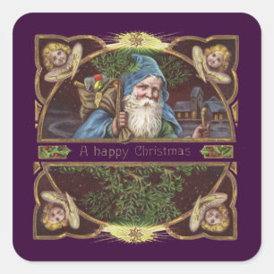 Victorian Santa Angels Blue Christmas Vintage Art Square Sticker